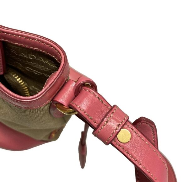 Auth PRADA Logo Jacquard Beige Pink Canvas Leather Shoulder Bag - Picture 10 of 16